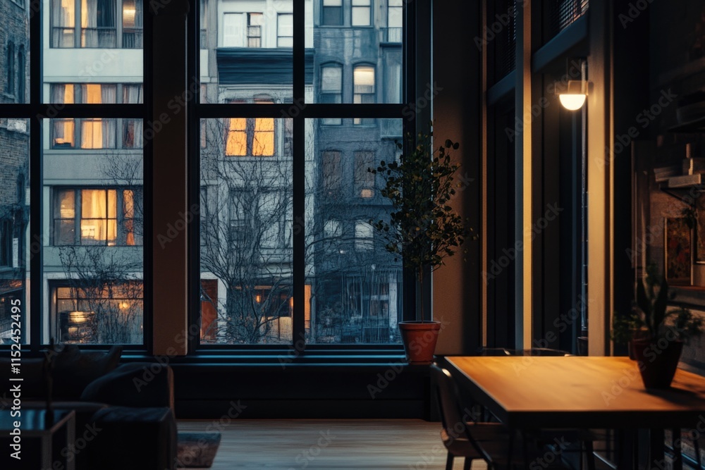Poster a cozy dining room interior with a wooden table and matching chairs in front of a large window