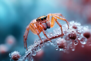 Fototapeta premium Colorful spider rests on a dew-covered plant in a vibrant garden during early morning light