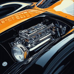 Fototapeta premium Classic car engine with vibrant orange and black design showcasing automotive craftsmanship. Generative AI