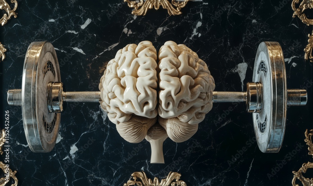 Poster a rendering of a human brain lifting weights in three dimensions