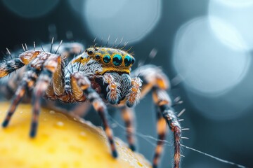 Close-up view of a colorful spider perched on a lemon under natural light in a garden setting