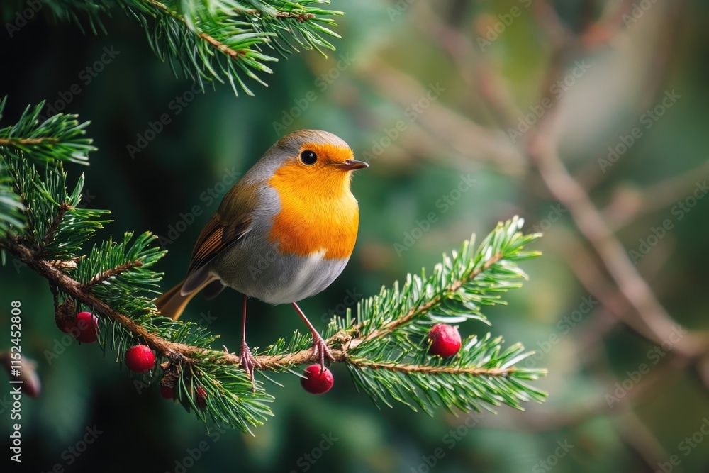Poster a small bird sitting on a branch of a tree, perhaps singing or looking around