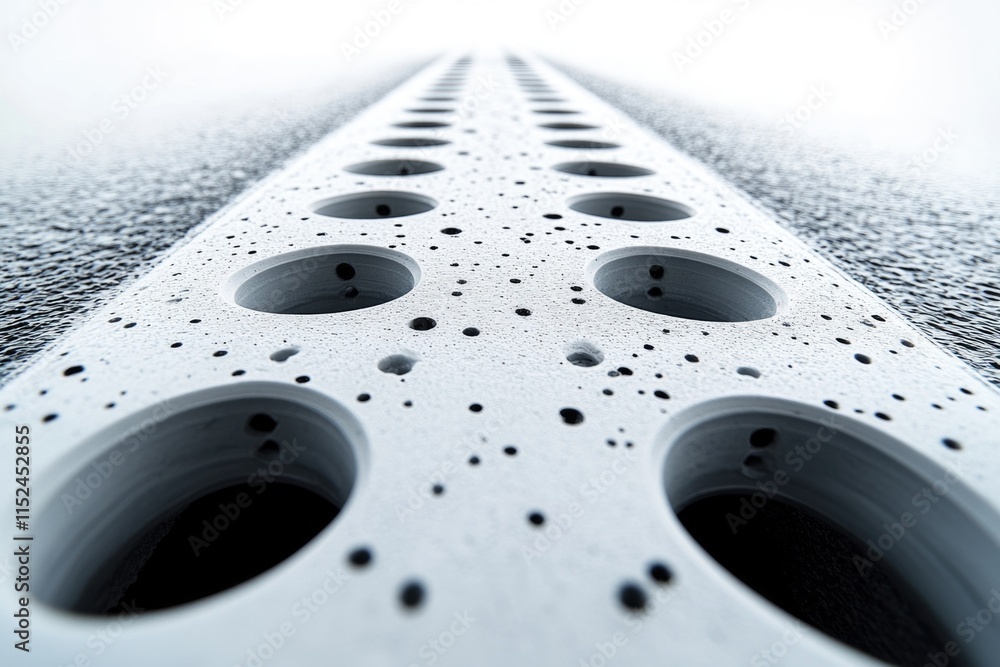 Poster close-up shot of a metal structure featuring multiple holes and details