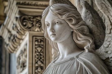 A detailed view of an angel's face from a statue, perfect for use in devotional or inspirational contexts
