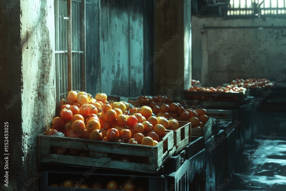 Poster A collection of oranges stored in crates within a room