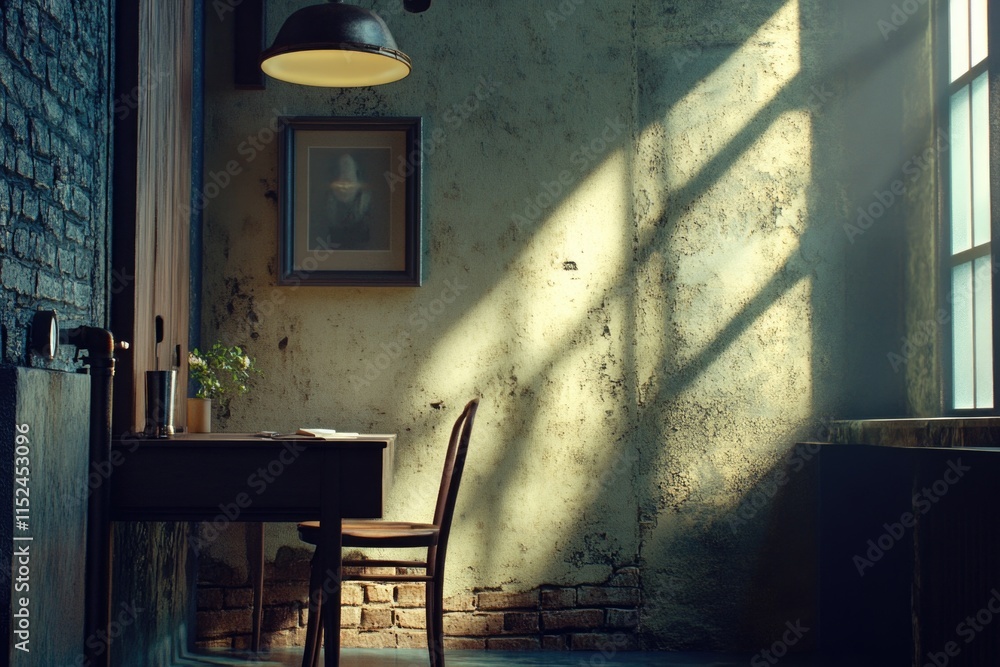 Poster a chair and a table in an empty room