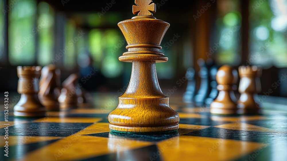 Poster close-up shot of a single chess piece on a chessboard