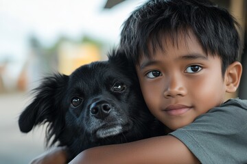 Young boy embraces a black dog while smiling in a warm outdoor setting during daylight hours