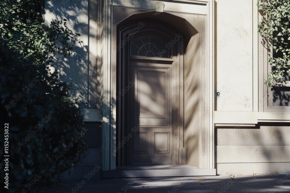 Poster a close-up shot of a brown wooden door with a building facade as the backdrop, perfect for use in re