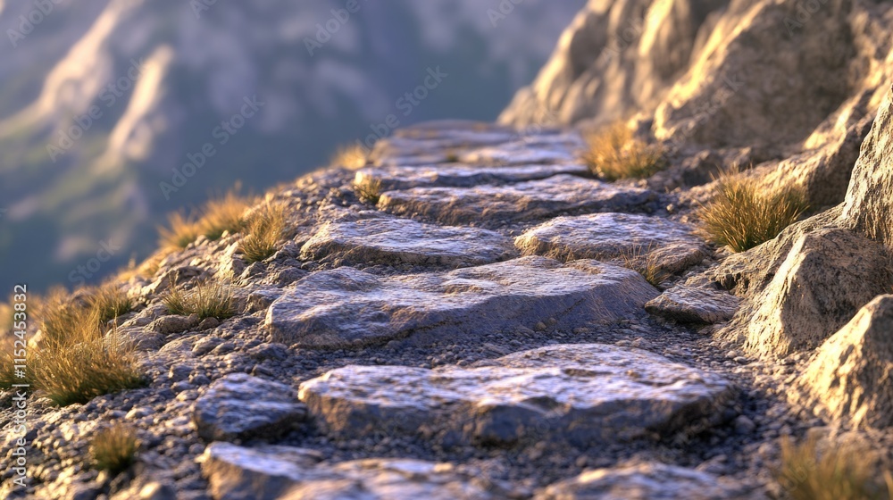 Poster a stone pathway winds its way up the side of a rocky mountain