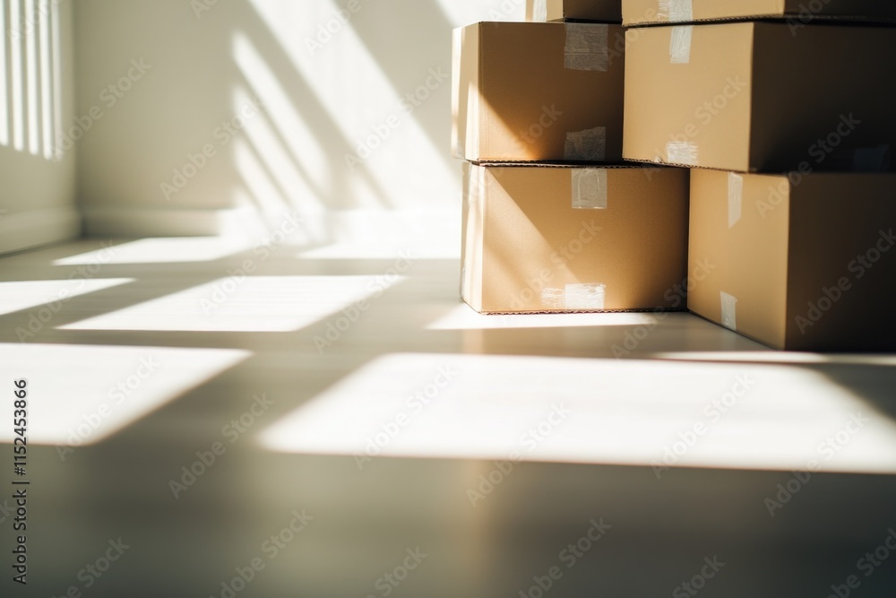 Poster stack of boxes on a wooden floor, perfect for storage or organization concepts