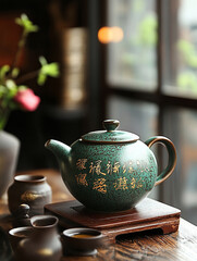 Unique teapot on a wooden table at a cozy cafe