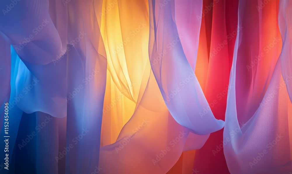 Poster abstract installation with hanging translucent fabric layers, lit with shifting colored lights to cr