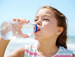 Young girl enjoying refreshing hydration on a sunny day at the beach while wearing a colorful floral swimsuit
