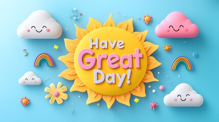 Have a Great Day! Cheerful 3D Illustration with Sun, Clouds, and Rainbows