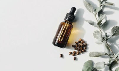 Naklejka premium A close-up image of a bottle of jojoba oil with jojoba seeds placed beside it, isolated on a white background, showcasing the organic and natural qualities of the oil.