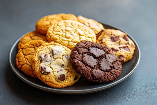 Delightful assortment of freshly baked cookies arranged beautifully on a black plate inviting indulgence
