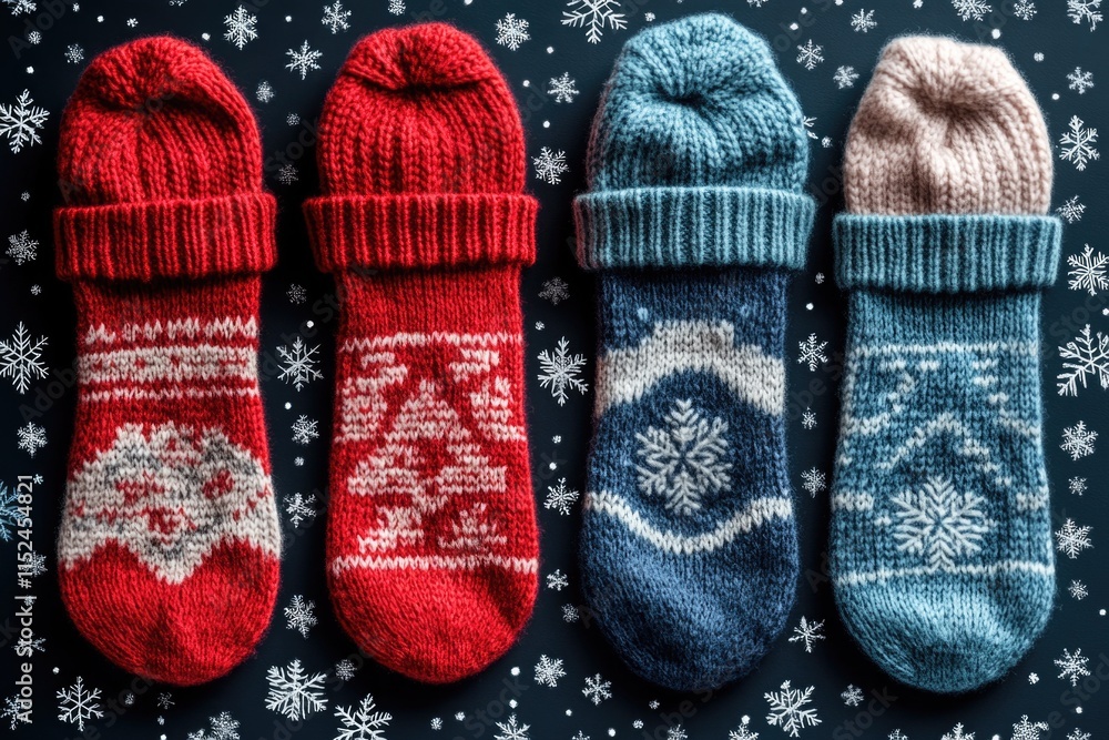 Poster three pairs of colorful knitted socks displayed on a table or shelf