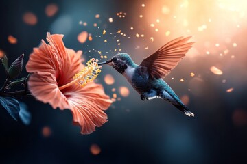 Obraz premium Vibrant hummingbird feeding on a hibiscus flower in a natural setting during sunset