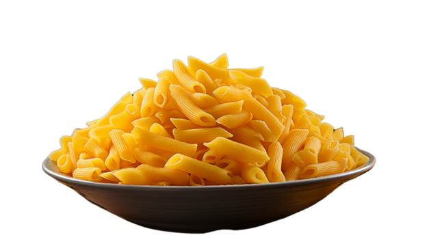 Close-up of plain penne pasta, highlighting its fresh texture and suitability for hearty Italian dishes, studio view, isolated on transparent background.