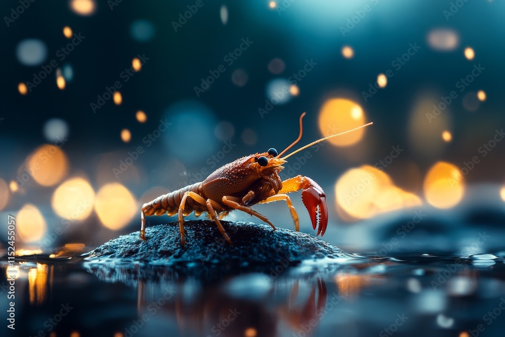 Poster crawfish perched on a rock under soft rain with glowing bokeh lights in the background