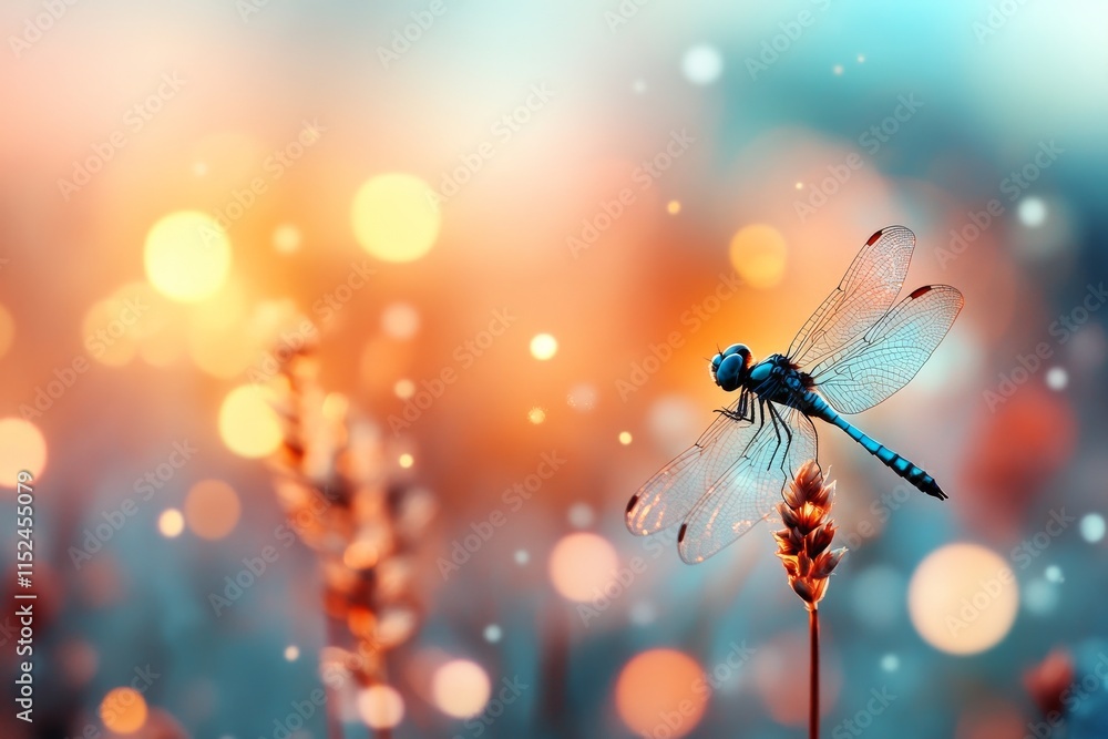 Aufkleber beautiful dragonfly resting on a flower stalk amidst soft bokeh lights in a serene garden setting du