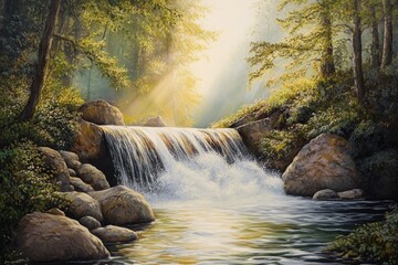 A serene waterfall cascades down a rocky cliffside amidst a dense forest