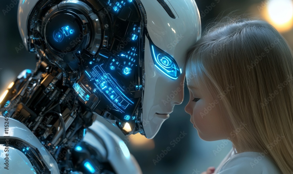 Poster advanced humanoid robot with realistic skin texture and glowing blue circuits, interacting gently wi