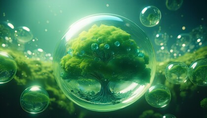 Green Energy Nature with Large Mega Tree inside Water Bubbles Sustainability