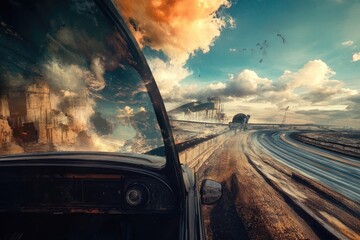 A vehicle travels along a highway adjacent to a secondary road, with a clear view of the surrounding landscape