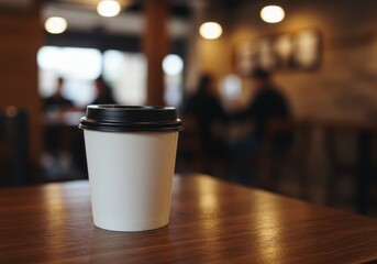 Blank take away craft paper cup of coffee on wooden table with blurred cafe background for copy space of mock up, 3D rendering, & photo.