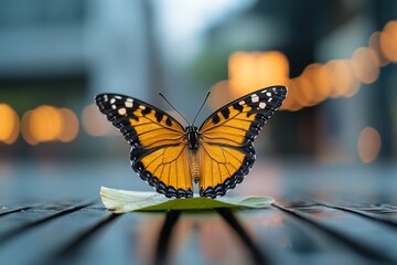 Obraz premium Beautiful orange butterfly perched on a leaf with a blurred background during twilight