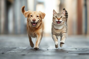Friendly dog and cat joyfully running together down a cobblestone street in a sunny neighborhood