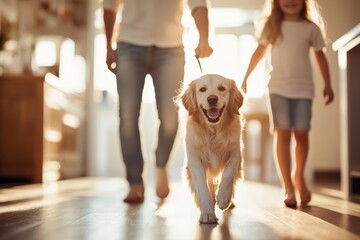 Fototapeta na wymiar Joyful moments with a golden retriever and child walking through a sunlit home