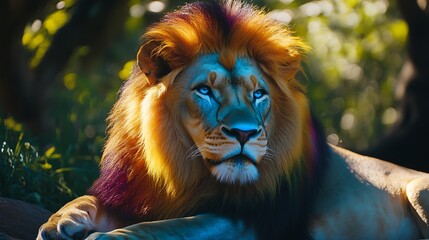 Fototapeta premium Regal lion shining with colorful rainbow mane piercing blue eyes image