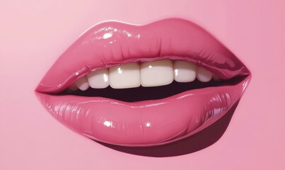 Fototapeta premium Close-up of smiling lips with white teeth and glossy pink lips. Detailed view for dental health and beauty concept