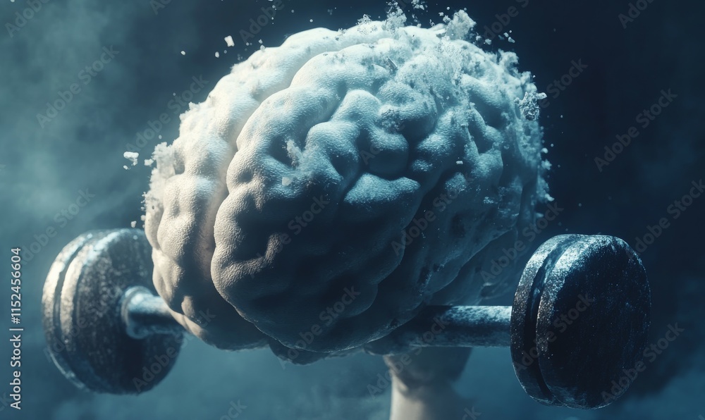 Poster a rendering of a human brain lifting weights in three dimensions