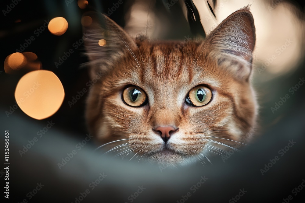Poster orange tabby cat gazes curiously through a circular opening surrounded by soft bokeh lights in a coz