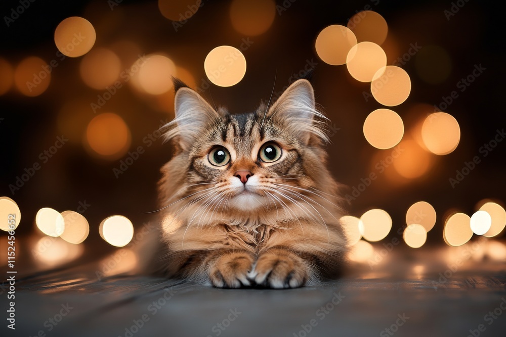 Poster cute fluffy cat with large eyes resting in front of glowing bokeh lights during evening time