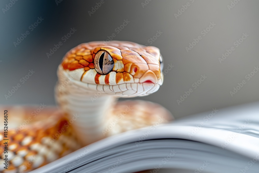 Poster detailed close-up of a colorful snake resting on an open book in a bright environment