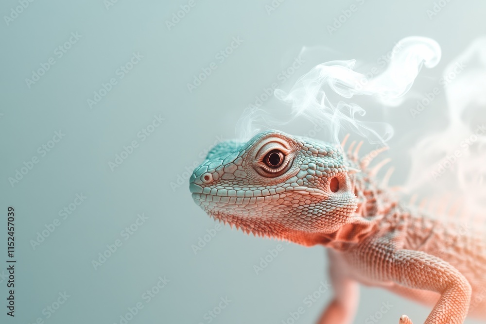 Poster lizard with a unique color pattern and smoke effect on a soft background in a creative setup