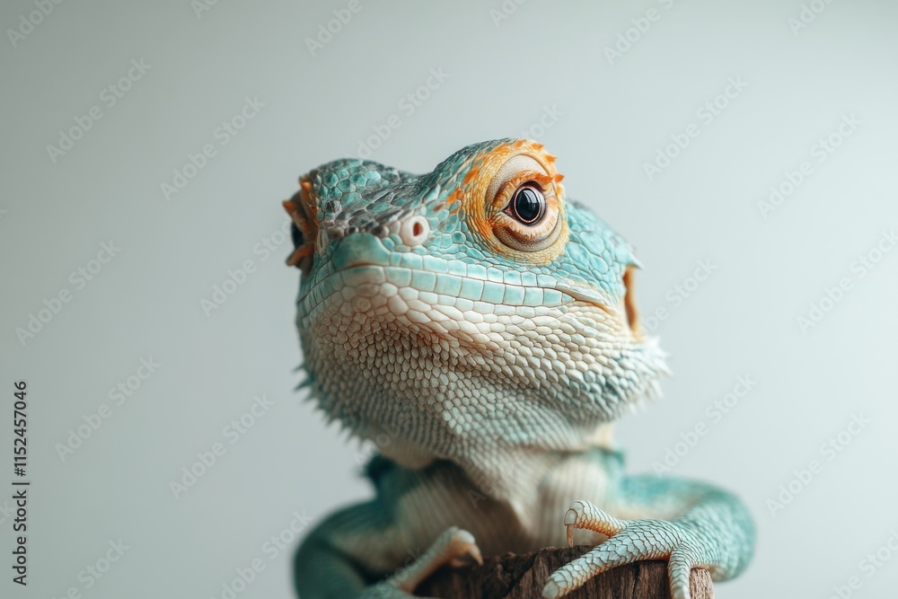 Poster close-up of a colorful lizard perched on a branch in a neutral setting, showcasing its intricate tex