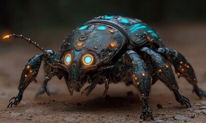An intricately detailed, futuristic beetle with glowing eyes and metallic details.
