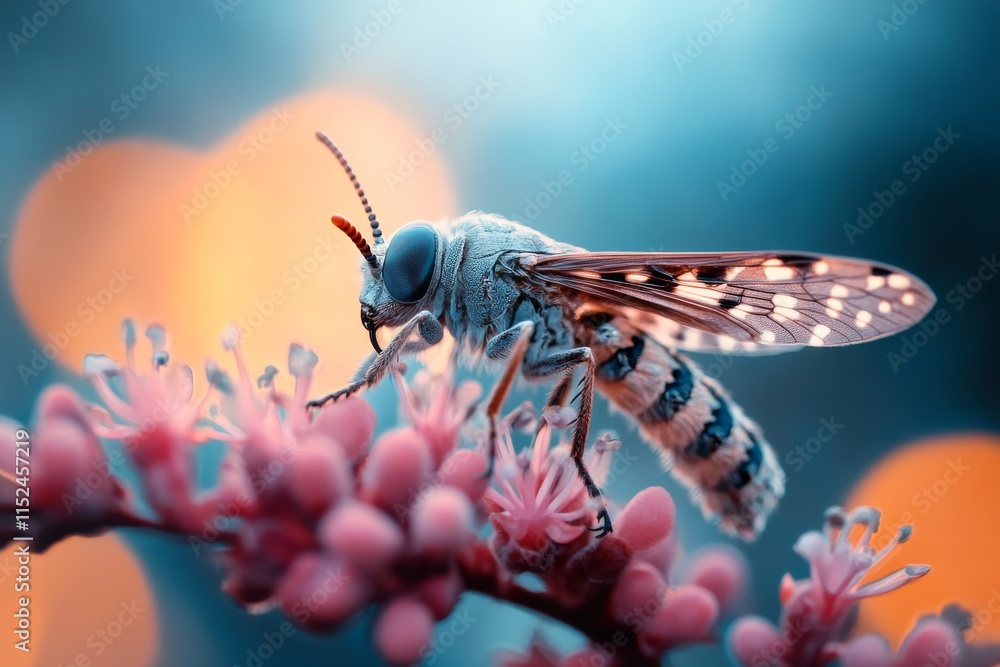 Poster close-up view of a colorful insect resting on pink flowers in a softly blurred background during a b