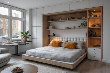 Photographie d’un studio étudiant au design minimaliste, équipé d’un lit escamotable, d’une table à manger pliable, de murs blancs épurés, et de rangements intégrés, espace de vie fonctionnel