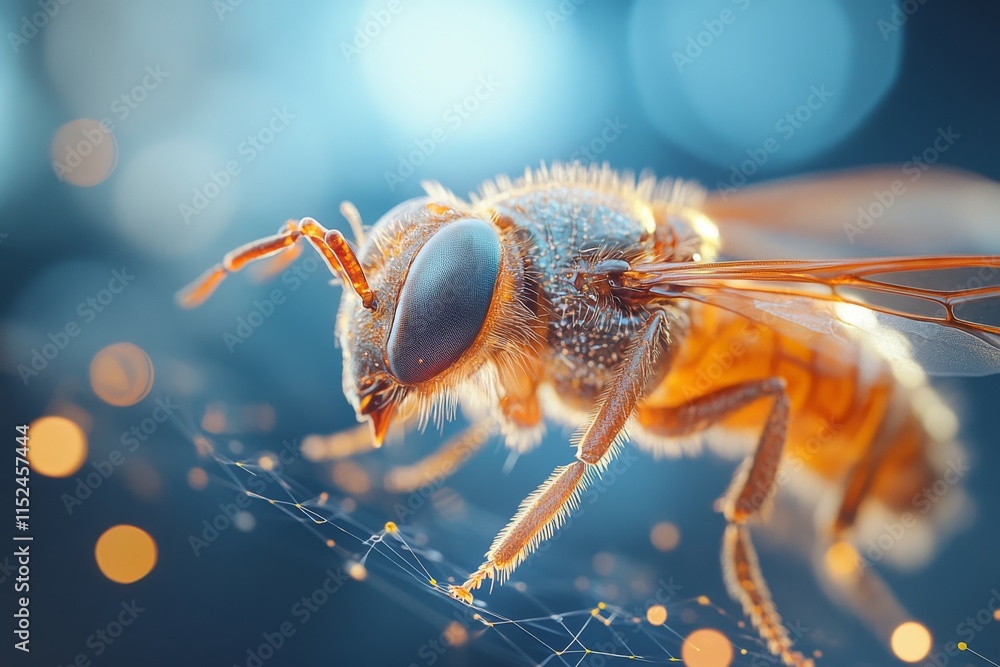Poster close-up view of a bee sitting on fine web strands with sparkling lights in a blurred background