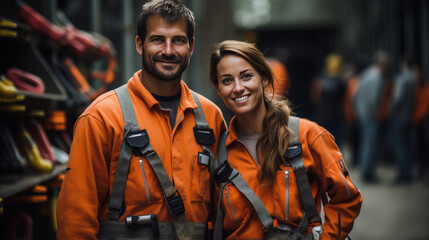 Fototapeta premium A man and a woman in orange jumpsuits are smiling for the camera