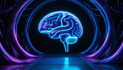 Obraz premium Background with vibrant neon blue brain in a dark, futuristic tunnel filled with purple and blue light. The design emphasizes the intricacies of human cognition and creativity.