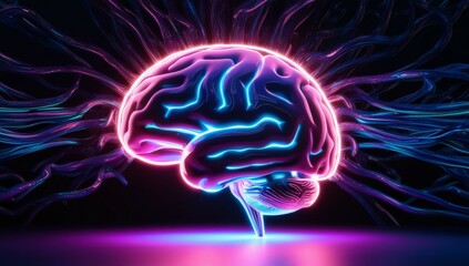 Abstract background with striking representation of a brain with neon colors, surrounded by dynamic, electric tendrils. Technology and creativity futuristic banner for web design, wallpaper