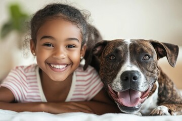 Obraz na płótnie Canvas Girl smiling with her dog at home, showcasing a joyful friendship and special bond between pets and children